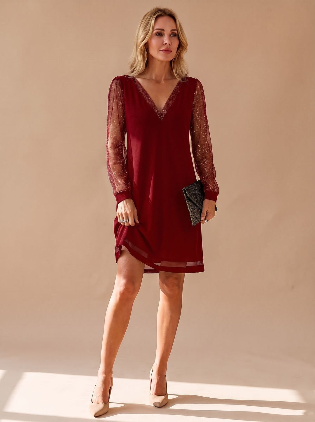 Women's Sparkly Long Sleeve Mini Christmas Party Dress - Red