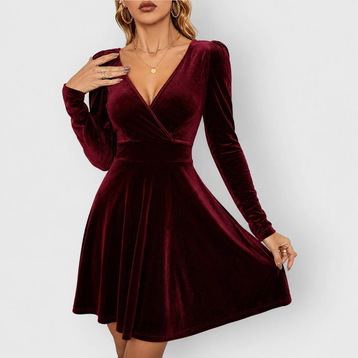 Women's Velvet Long Sleeve V-Neck Mini Christmas Party Dress - Red