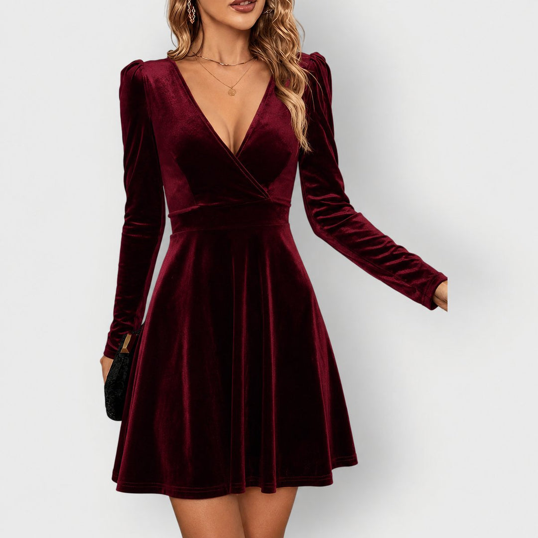 Women's Velvet Long Sleeve V-Neck Mini Christmas Party Dress
