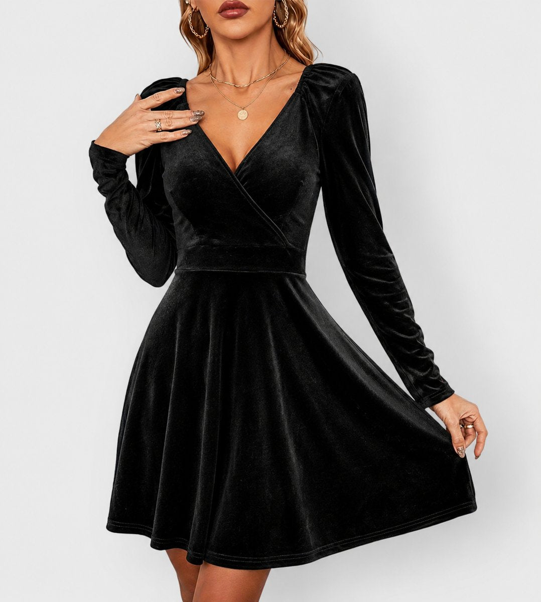 Women's Velvet Long Sleeve V-Neck Mini Christmas Party Dress - Black