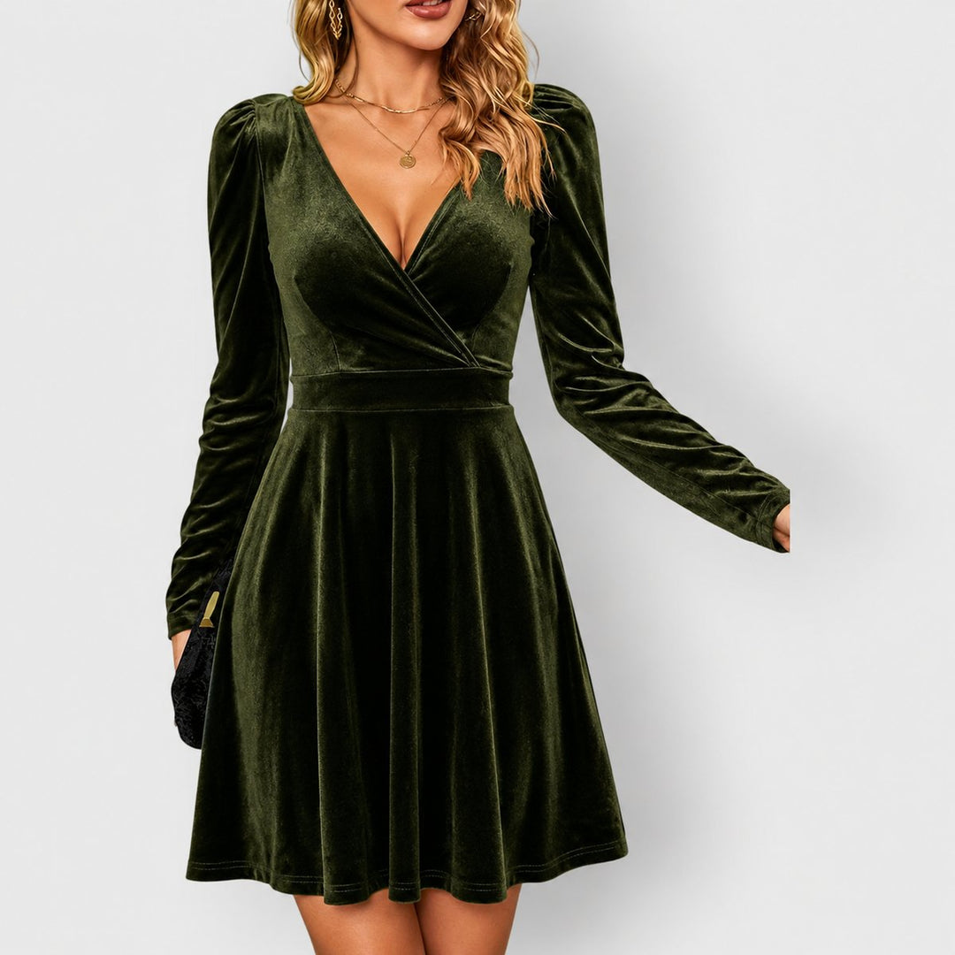 Women's Velvet Long Sleeve V-Neck Mini Christmas Party Dress - Green