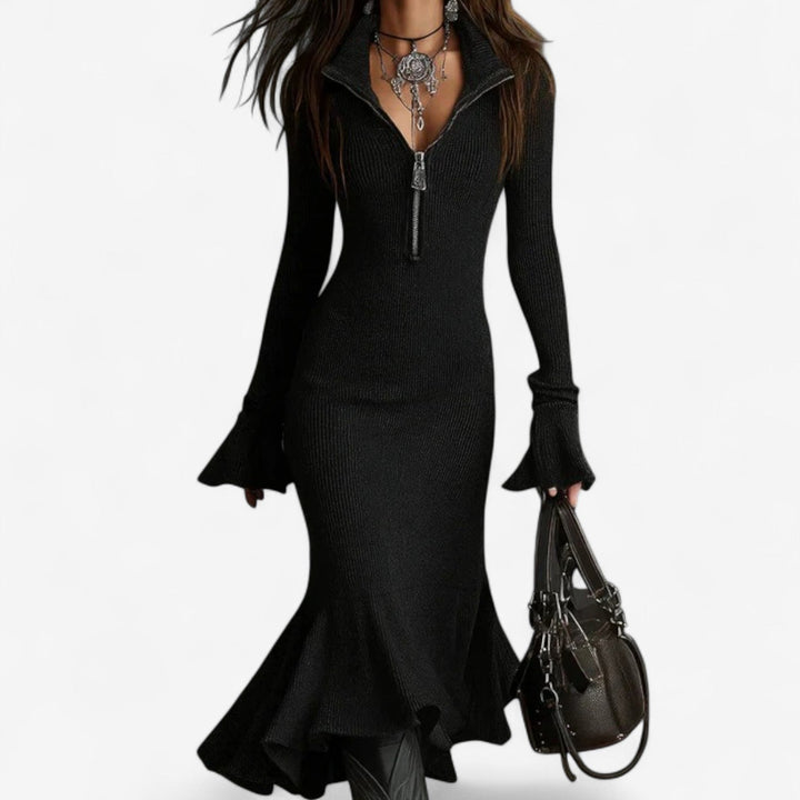 Women's Ribbed Knit Zip-Up Sweater Dress
