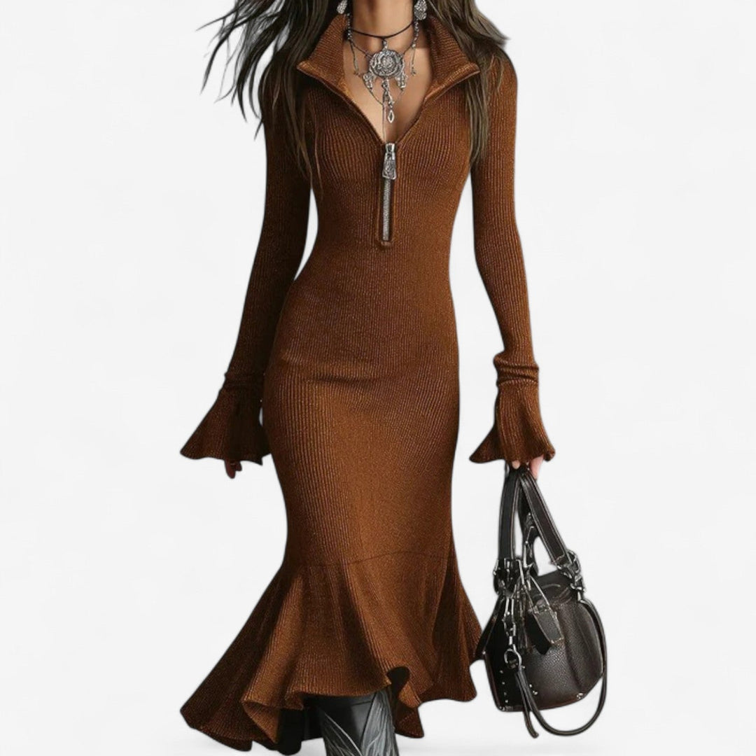 Women's Ribbed Knit Zip-Up Sweater Dress